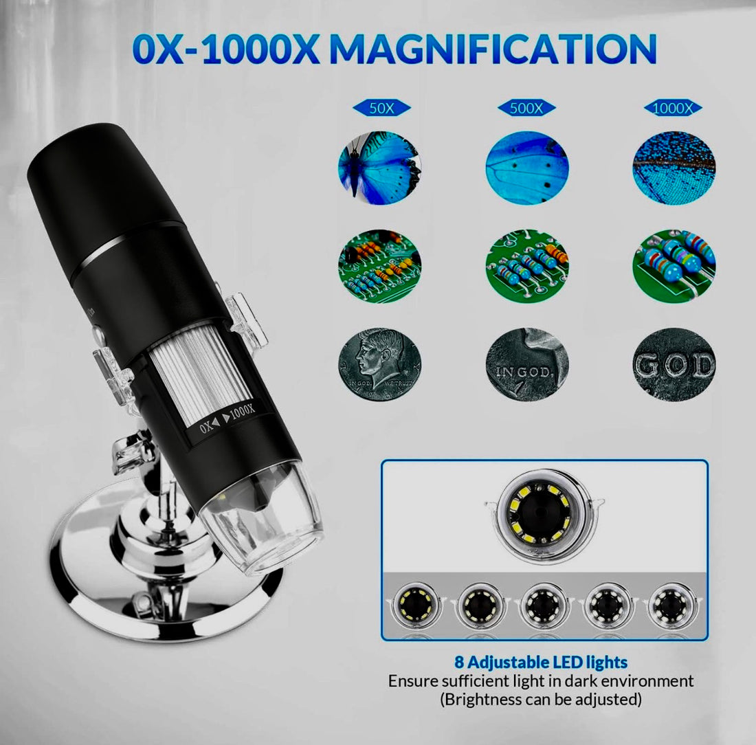 Wireless Digital Microscope, WiFi Microscope 2.0 MP 50X to 1000X WiFi Handheld Zoom Magnification Camera Magnifier 1080P 8 LED Compatible with Android and iOS Smartphone or Tablet, Windows