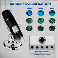 Wireless Digital Microscope, WiFi Microscope 2.0 MP 50X to 1000X WiFi Handheld Zoom Magnification Camera Magnifier 1080P 8 LED Compatible with Android and iOS Smartphone or Tablet, Windows