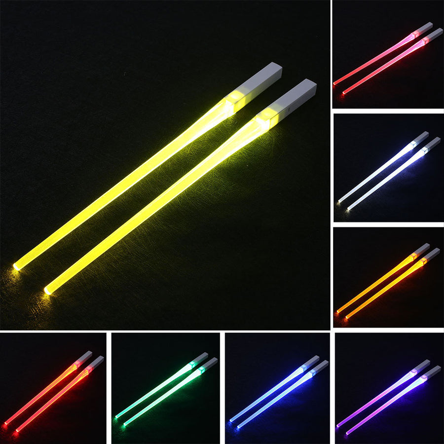 Pair of glowing chopsticks, featuring a sleek design with LED lights embedded in the handles, illuminating the entire length. Perfect for a fun, unique dining experience or themed events. Available in various colors, adding a vibrant touch to your sushi or asian meal.