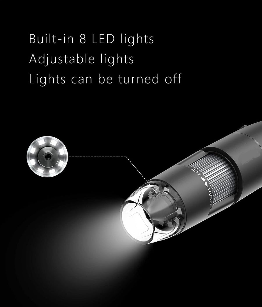 Wireless Digital Microscope, WiFi Microscope 2.0 MP 50X to 1000X WiFi Handheld Zoom Magnification Camera Magnifier 1080P 8 LED Compatible with Android and iOS Smartphone or Tablet, Windows