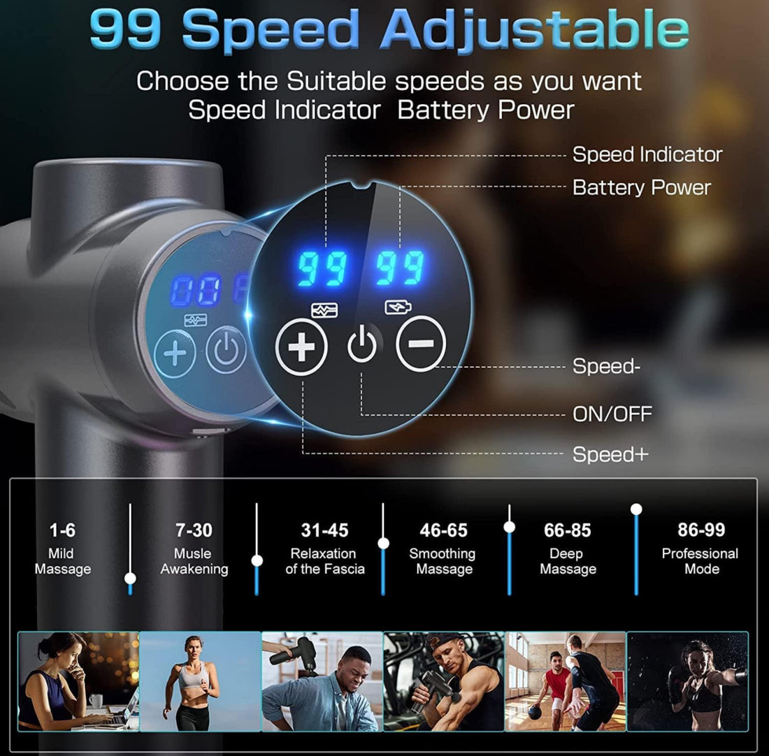 Massage Gun, Massage Gun with 99 Speeds, 10 mm Deep Muscle Massager, Electric Hand Massager with 6 Massage Heads and LED Touchscreen for Muscle Relaxation Google