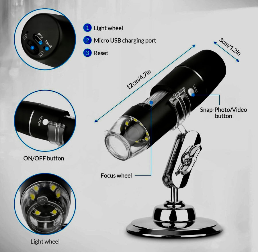 Wireless Digital Microscope, WiFi Microscope 2.0 MP 50X to 1000X WiFi Handheld Zoom Magnification Camera Magnifier 1080P 8 LED Compatible with Android and iOS Smartphone or Tablet, Windows