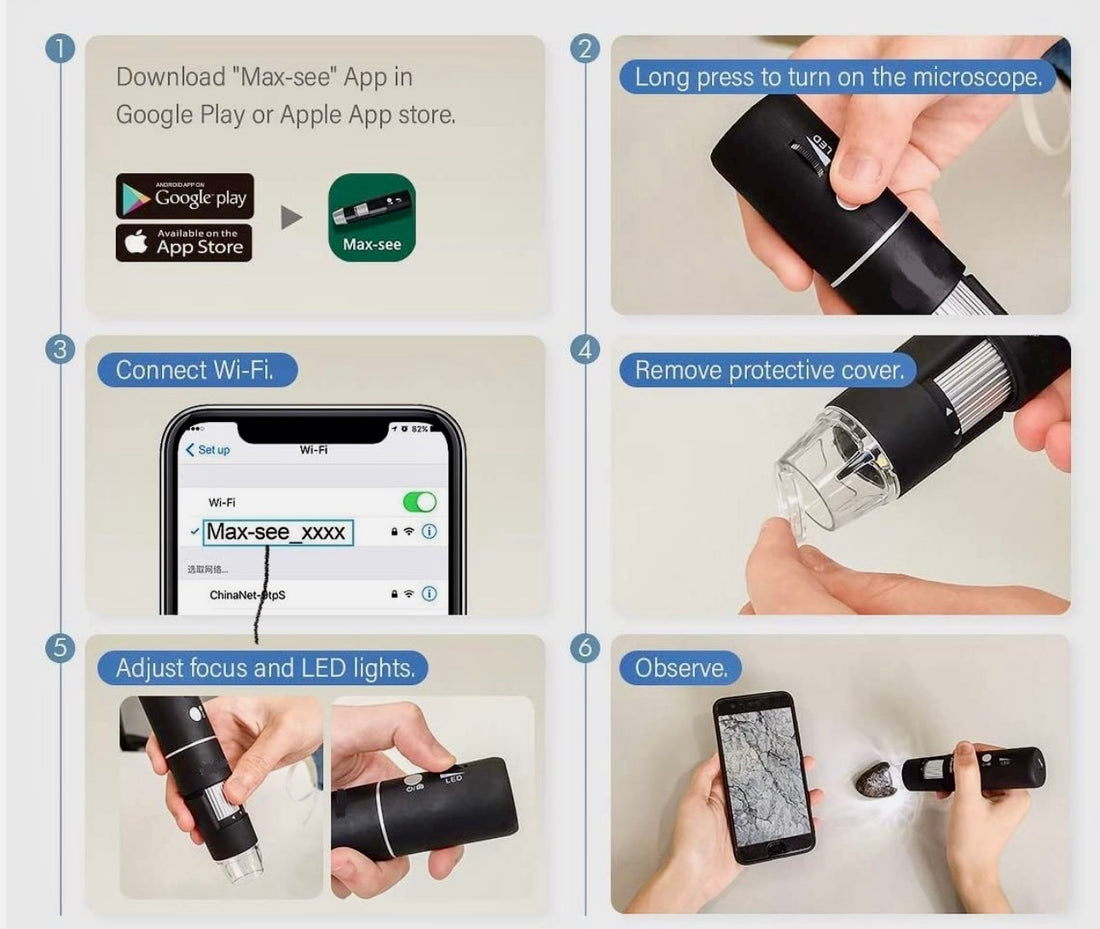 Wireless Digital Microscope, WiFi Microscope 2.0 MP 50X to 1000X WiFi Handheld Zoom Magnification Camera Magnifier 1080P 8 LED Compatible with Android and iOS Smartphone or Tablet, Windows