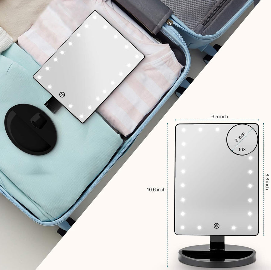 Lighted Makeup Vanity Mirror with LED Lights, Rechargeable Lithium Battery Light Up Mirror, 10X Magnification Touch Screen, 360° Rotation Portable Tabletop Cosmetic illuminated Mirror google social media influencer instagram facebook google tiktok