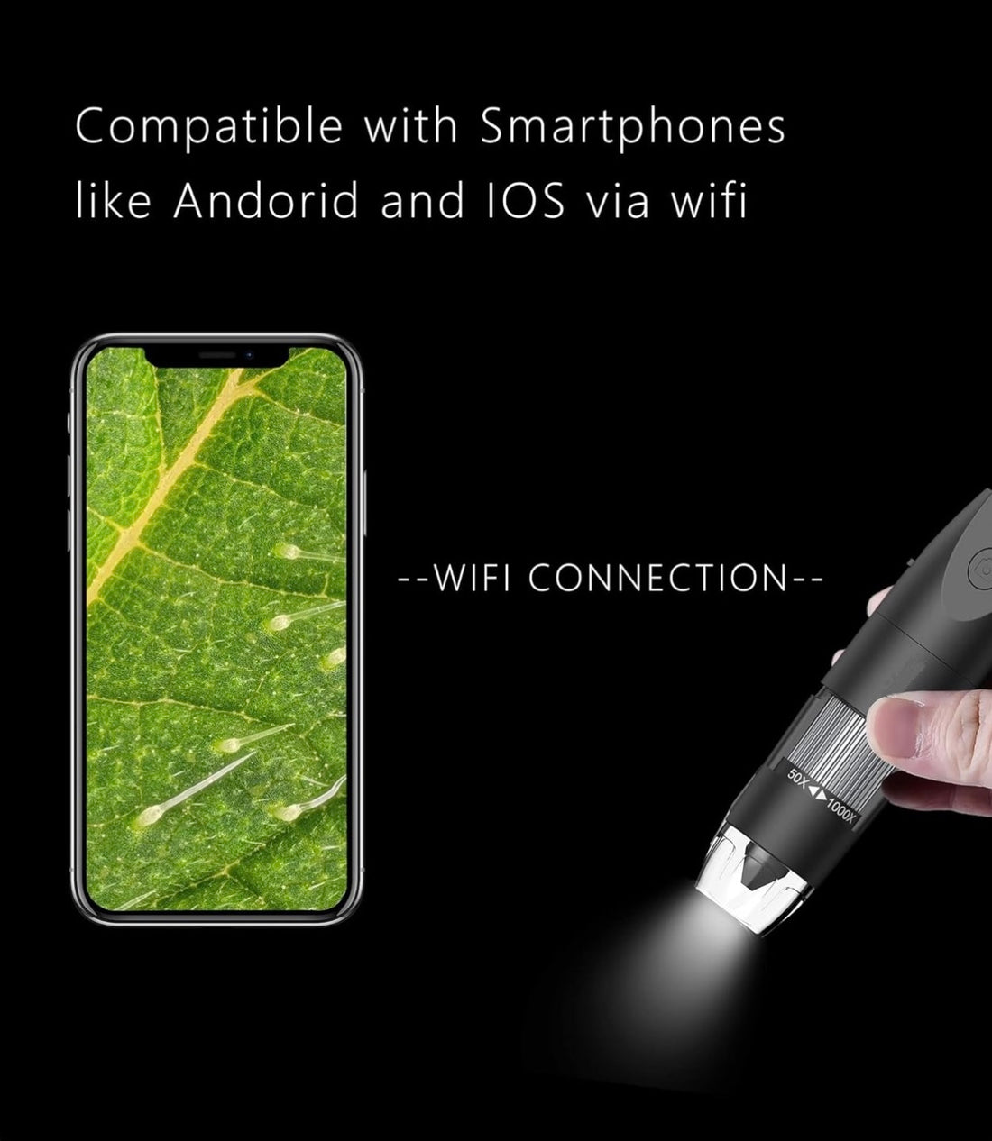 Wireless Digital Microscope, WiFi Microscope 2.0 MP 50X to 1000X WiFi Handheld Zoom Magnification Camera Magnifier 1080P 8 LED Compatible with Android and iOS Smartphone or Tablet, Windows