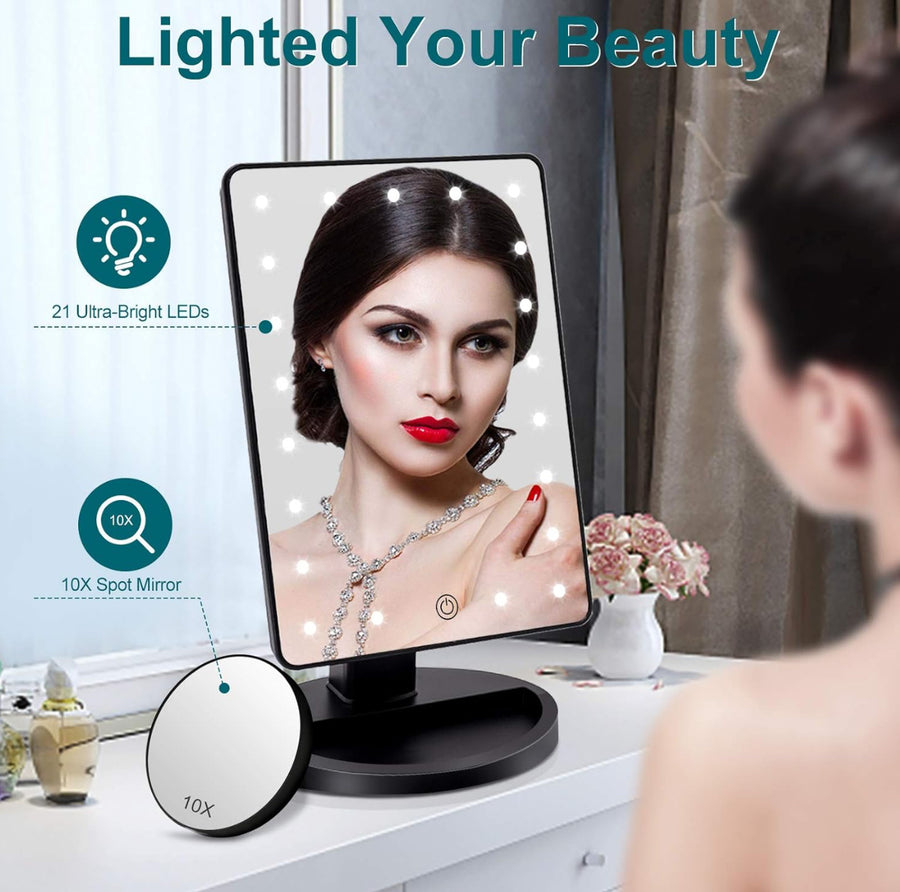 Lighted Makeup Vanity Mirror with LED Lights, Rechargeable Lithium Battery Light Up Mirror, 10X Magnification Touch Screen, 360° Rotation Portable Tabletop Cosmetic illuminated Mirror google social media influencer instagram facebook google tiktok