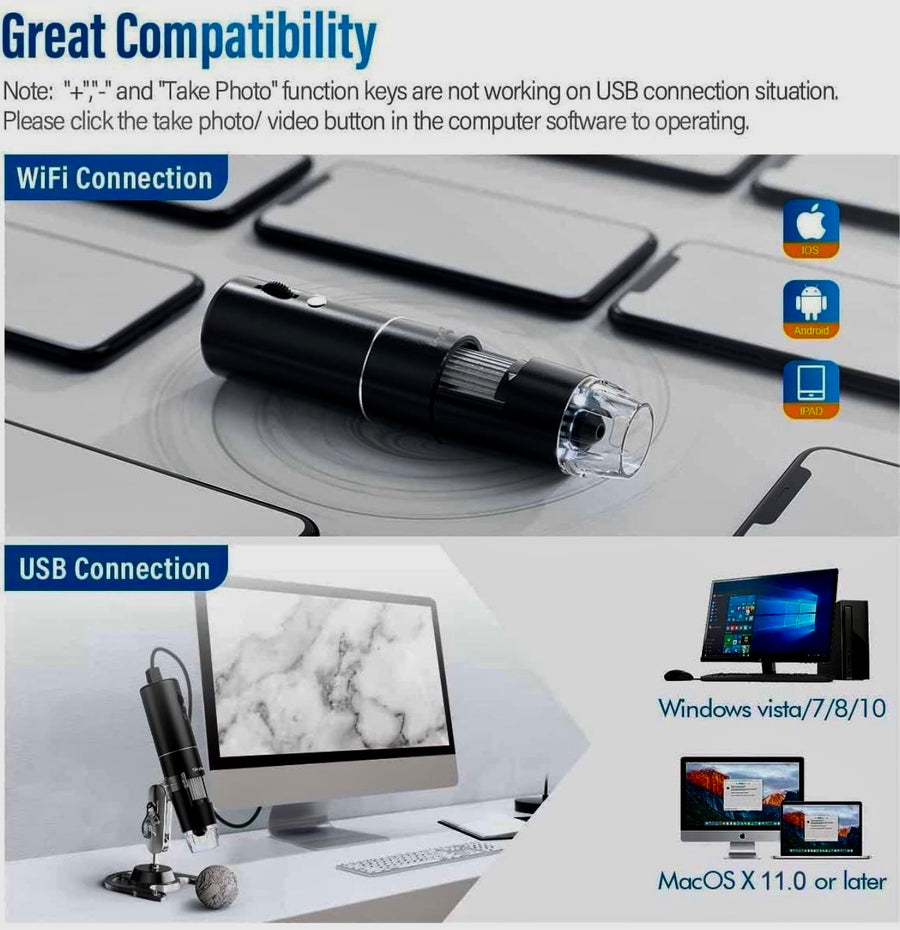 Wireless Digital Microscope, WiFi Microscope 2.0 MP 50X to 1000X WiFi Handheld Zoom Magnification Camera Magnifier 1080P 8 LED Compatible with Android and iOS Smartphone or Tablet, Windows